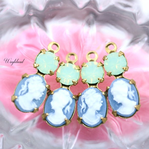 Baby Blue & Chrysolite Opal 16x6mm Femme Cameo vintage Oval Glass Set Stone Austrian Crystal Dangles 1 Ring Brass Settings - 2