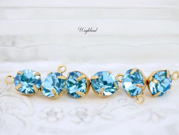 Aquamarine 6mm Preciosa Crystal Single Set Rhinestone Drops Raw Brass Connector Link - 6
