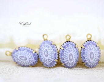 Light Blue & White Oval Dome Mosaic Vintage German Charm Pendant 14x10mm Set Stones Brass Settings - 4