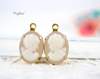 Vintage Woman Cameo Translucent Matte White Left & Right 14x10mm Lady Oval Charm Pendant Set Stones Brass Settings - 2