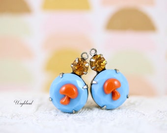 Topaz Light Blue & Orange Brown 18x11mm Vintage Faceted Round Glass Drops Connector Link Brass Prong Settings - 2