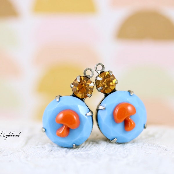 Topaz Light Blue & Orange Brown 18x11mm Vintage Faceted Round Glass Drops Connector Link Brass Prong Settings - 2