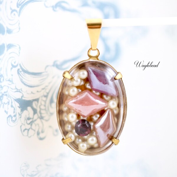 Lustrous Diamond Glass Stones Shades of Pink & Purple Amethyst Tiny Faux Pearls Oval Shadow Box Pendant - 1