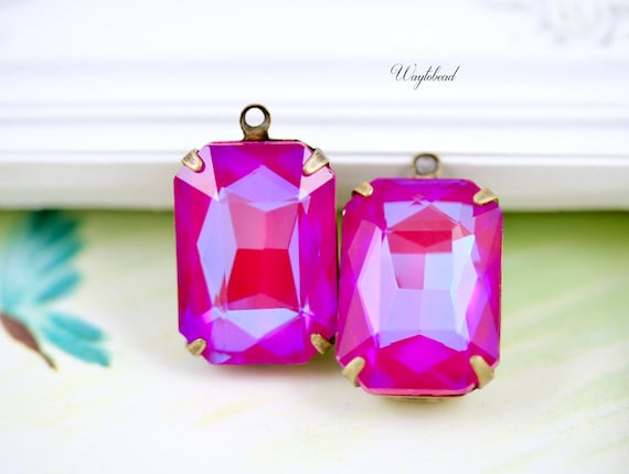 Magenta Shimmer 18x13mm Glass Octagon Shimmer Set Stones Pendant Charm Connector Link Raw Brass Settings - 2