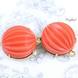 Coral Vintage Round Glass Melon Charm Pendant Set Stones Raw Brass Settings 18mm - 2
