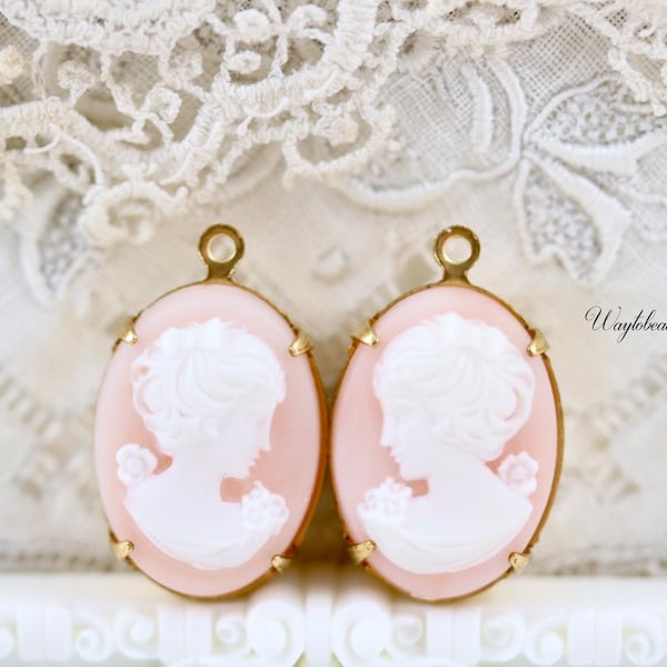 Rare Vintage White on Angel Skin Pink Woman Cameo 18x13mm Lady Oval Charm Pendant Set Stones Brass Settings - 2