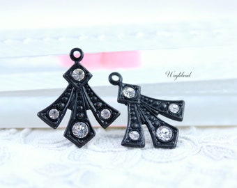 Crystal Clear Austrian Rhinestone Set Stone Art Deco Style Earring Dangle Stamping Drops 20x16mm Gothic Black Metal - 2