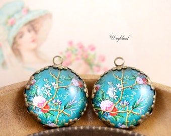Vintage Style Green Red & Pink Floral Cabochon 21mm Round Single Set Stones Flower Charms Pendant - 2