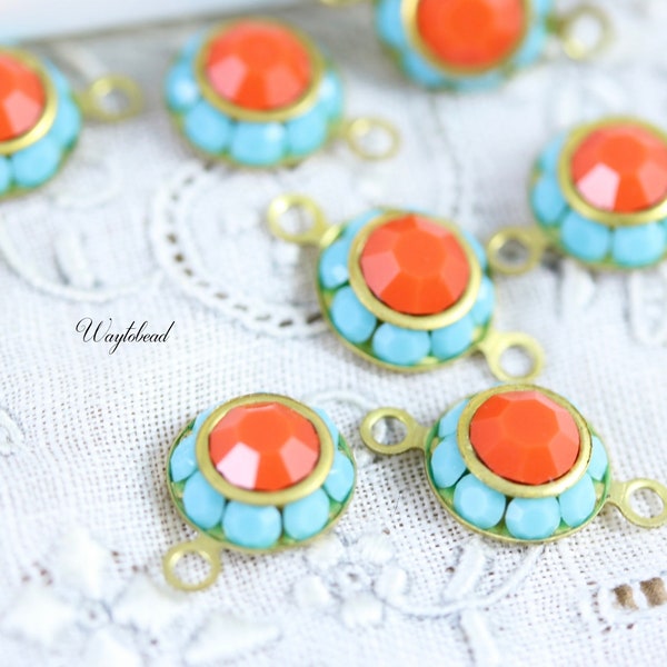 Turquoise Blue & Coral Vintage Two Layer Preciosa Crystal Round Drop Dangle Charm Austrian Rhinestone Connectors Links - 4