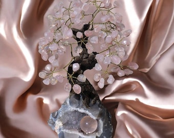 Large Rose Quartz Tree with Druzy Agate Base - Handmade Crystal Tree, Love Crystal, Heart Chakra, Love Tree, Tree of Life