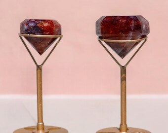 Fire Quartz Diamond on Stand, Polished Fire Quartz, Fire Quartz Carving, Crystal Decoration, Romantic Gift