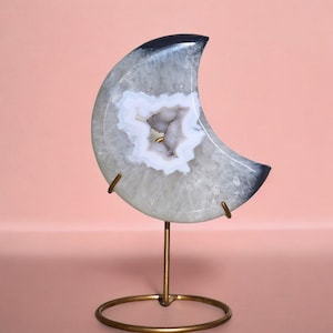 Druzy Agate Moon with Stand SHADOW - Agate Stone, Agate Crystal, Natural Agate