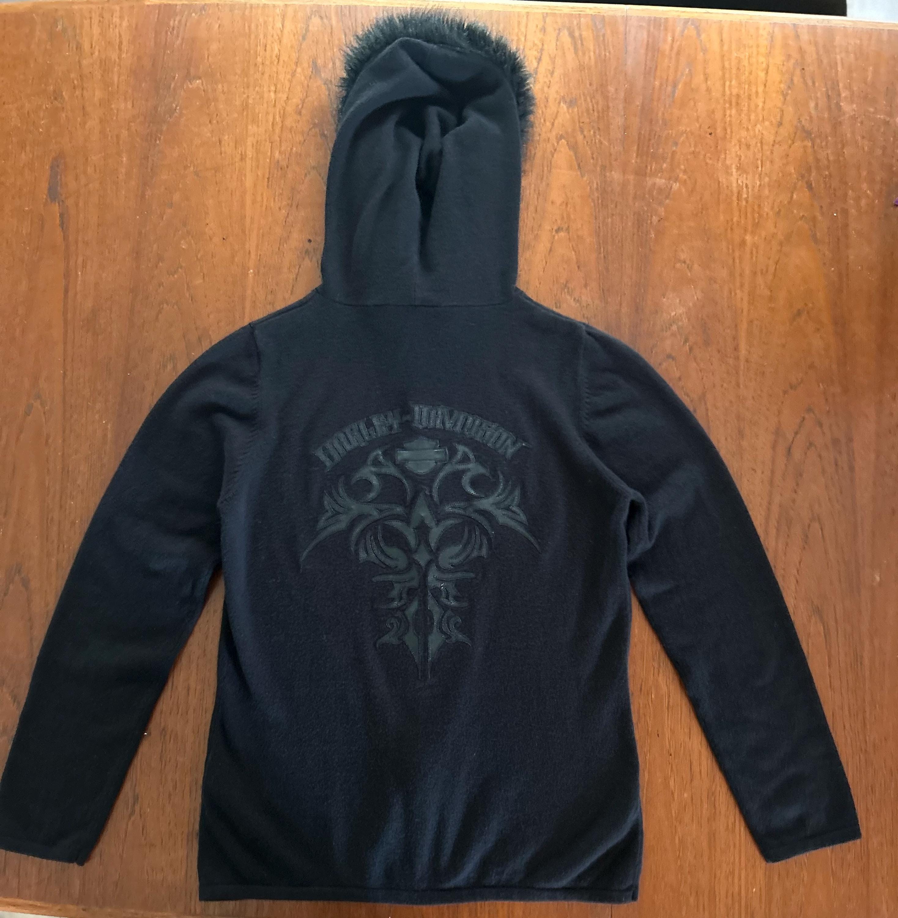 Petit Sweat à Capuche Vintage Harley Davidson – Femme – Noir (années 80, Coton, Fabriqué Aux USA)