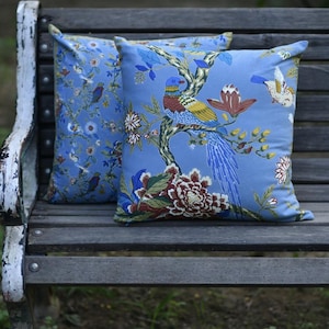 Bird Blue Floral Cushion Cover 16x16 | Bright Blue Pillow Case with Birds & Florals | Nature-Inspired Decorative Throw Pillow