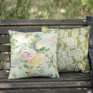 Embroidered Cushion Cover Garden Mono Green 16x16 Inches | Jute Fabric | Dual-Sided Design with White Floral Embroidery & Multicolor Print