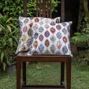 Green Cushion Cover Leaf Drop 16x16 Inches | Textured Fabric | White Base with Vertical Multicolor Leaf Prints | Nature-Inspired Home Decor