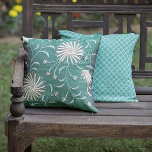 Embroidered Cushion Cover Lily Green 16x16 Inches | Chanderi Fabric | Elegant Swirly Floral Embroidery | Sophisticated Decorative Pillow