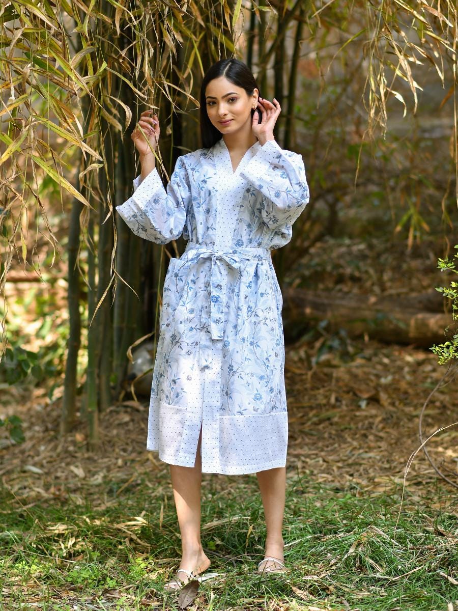 Soft Cotton Robe: Women's Lightweight Kimono Bathrobe - Wildflower Ocean Print