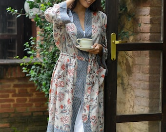Floral Cotton Kimono Robe: Lightweight Spa Loungewear