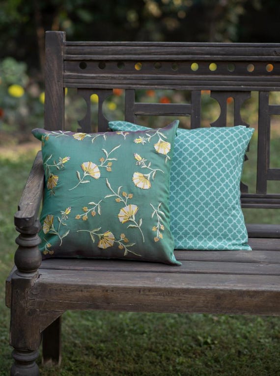 Embroidered Floral Pillow Cover: Versailles Green Decorative