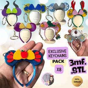 May include: A collection of eight character-themed ear headbands designed as keychains, featuring various colours and motifs including bows, crowns, and icons. The image includes text reading Exclusive Keychains Pack X8, 3mf. STL, and Digital Download.