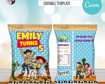 May include: A digital chip bag template featuring Toy Story characters on a blue cloud background. The front displays "EMILY TURNS 5" in bold yellow and red text. The back includes a "Birthday Nutrition Facts" label and "SO GLAD YOU COULD MAKE IT" text.