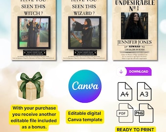 May include: Three printable posters featuring wizarding themes with text reading Have You Seen This Witch, Have You Seen This Wizard, and Undesirable No 1 Jennifer Jones. Includes a gift box icon, Canva logo, and file format icons for A4, A3, PDF, and PNG.