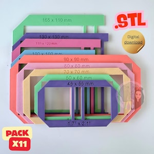 Op de afbeelding: Een stapel van elf kleurrijke, geometrische frames in verschillende maten, variërend van 4,3 cm x 5,3 cm tot 15,5 cm x 11 cm. De frames zijn in tinten groen, paars, roze, oranje en beige. De tekst "STL" en "Digitale download" is inbegrepen.