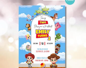 May include: A digital birthday invitation template featuring a blue sky background with clouds and various cartoon characters. The text reads: You've got a friend who's turning two, please join us to celebrate Emily turns 2, Sat, Nov 12 at 5:00 PM.
