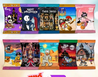 May include: Ten rectangular candy bags arranged in two rows, featuring various cartoon characters in Halloween settings. The text CANDY BAGS HALLOWEEN 2026 appears at the top. Each bag displays unique colorful illustrations, including haunted houses, pumpkins, and festive motifs.