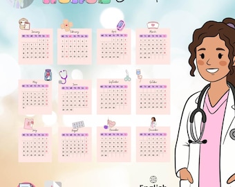 May include: A digital nurse calendar featuring twelve monthly grids with medical-themed icons like stethoscopes and bandages. The design includes a cartoon illustration of a nurse in a white coat and pink scrubs, with text reading Nurse Calendar.