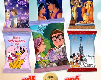 May include: A collection of six Valentine's Day-themed treat bags featuring Disney characters and romantic scenes. The bags display images of Aladdin and Jasmine, Lady and the Tramp, Mickey and Minnie Mouse, and characters from Tangled and Up. Each bag has a different design.