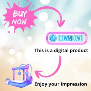 以下が含まれることがあります： デジタル製品のプロモーション画像。3Dプリンターのイラスト、"ダウンロード"ボタン、"これはデジタル製品です"というテキストが含まれています。画像には、"今すぐ購入"ボタンと"あなたの印象をお楽しみください"というテキストも含まれています。