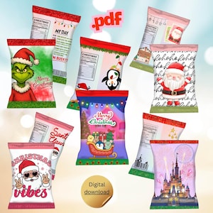 Puede incluir: Una colección de diseños de descarga digital con temática navideña. Los diseños presentan a Papá Noel, el Grinch, pingüinos y otros elementos festivos. Algunos diseños incluyen texto como "Merry Christmas" y "Christmas Vibes."
