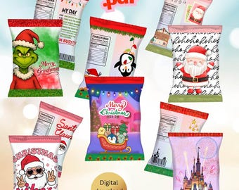 Paquete de bolsas navideñas para papas fritas / Bolsas de dulces imprimibles / Recuerdos para fiestas navideñas / Descarga digital en PDF / Dulces