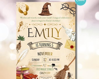 May include: A beige birthday invitation template featuring illustrations of a sorting hat, glasses, a golden snitch, a key, a mandrake, a quill, books, a broomstick, an owl, and an envelope. Text reads: Emily is turning 5, November 12 at 4:00 PM.