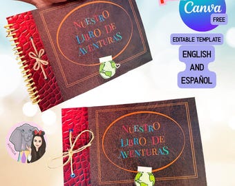 May include: A spiral-bound scrapbook with a brown leather-textured cover featuring the text "NUESTRO LIBRO DE AVENTURAS" in colorful letters inside an orange oval. The spine is red with a textured pattern and includes a decorative twine bow.
