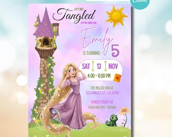 May include: A digital birthday invitation template featuring a purple tower, a long-haired character in a purple dress, and a green lizard. Text includes Let's Get Tangled Up For Some Fun, Emily Is Turning 5, Sat 12 Nov, 4:00-8:00 PM, and The Miller House.