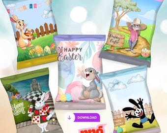 May include: Five colorful Easter-themed treat bags. Each bag features a different cartoon rabbit or character with Easter eggs and scenery. The bags have the words "Happy Easter" on them.