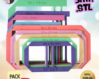 May include: A collection of eleven rectangular frames in various colors including green, purple, pink, blue, and tan. Each frame features embossed dimensions in millimeters or inches, such as 155 x 110 mm and 1.7 x 2.1 inches. Text includes 3mf.STL, PACK, X11, and DIGITAL DOWNLOAD.