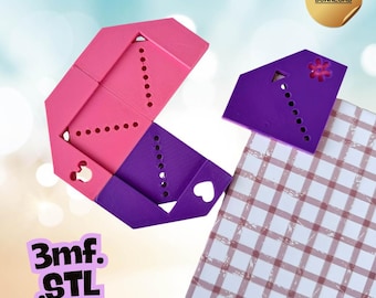 May include: A 3D printed pink and purple corner guide tool with rows of small holes, featuring cutouts of a heart, a flower, and a mouse head shape. The text "DIGITAL DOWNLOAD" and "3mf. STL" are visible on the image, indicating a file format.