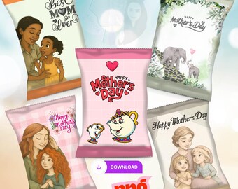 May include: A collection of Mother's Day-themed gift bags with various illustrations. Designs include a mother and daughter, elephants, and Beauty and the Beast characters. Text includes "Best Mom Ever" and "Happy Mother's Day".