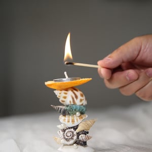 May include: A seashell candle holder with a lit tea light candle. The candle holder is made of a stack of seashells in various colors and textures. A hand is holding a match to light the candle.