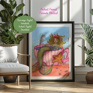 Descarga digital, Arte Sirenas, Cuadro sirena, Arte playa, decoración hogar, cartel digital, arte caballos de mar, arte original, acuarela