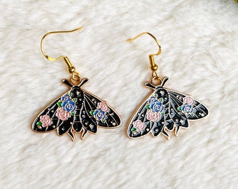 Black moth earrings, mystical fairy moth gothic earrings, cottagecore fairycore jewelry, flower butterfly earrings, naturecore bug earrings