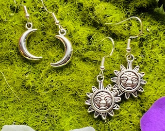 Minimalist Silver/Gold Sun and Moon Earrings, Indie Earrings, Boho Jewelry, Sun Moon Earrings, Witchy Earrings, Hippie Earrings