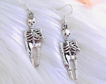 WITCHY Silver Skeleton earrings. Witch earrings, edgy goth jewelry, skull earrings, creepy punk skulls earrings, gothic earrings