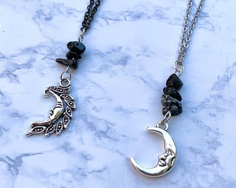 PROTECTION Witchy Moon Necklace, Gothic Silver Moon Crystal Charm Jewelry, Grunge Goth Black Necklace, Moonphase Fairy Goddess Gift