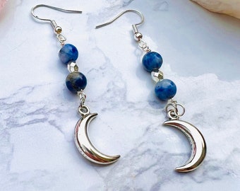 Dainty blue sodalite gemstone crystal earrings, silver moon earrings, boho hippie crystal earrings, indie moon earrings, witchy jewelry