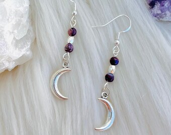 Silver POSITIVE ENERGY Purple Jasper Witchy Crystal Earrings, Moon Earrings, Healing Energy Princesscore Earrings, mystical moon earrings